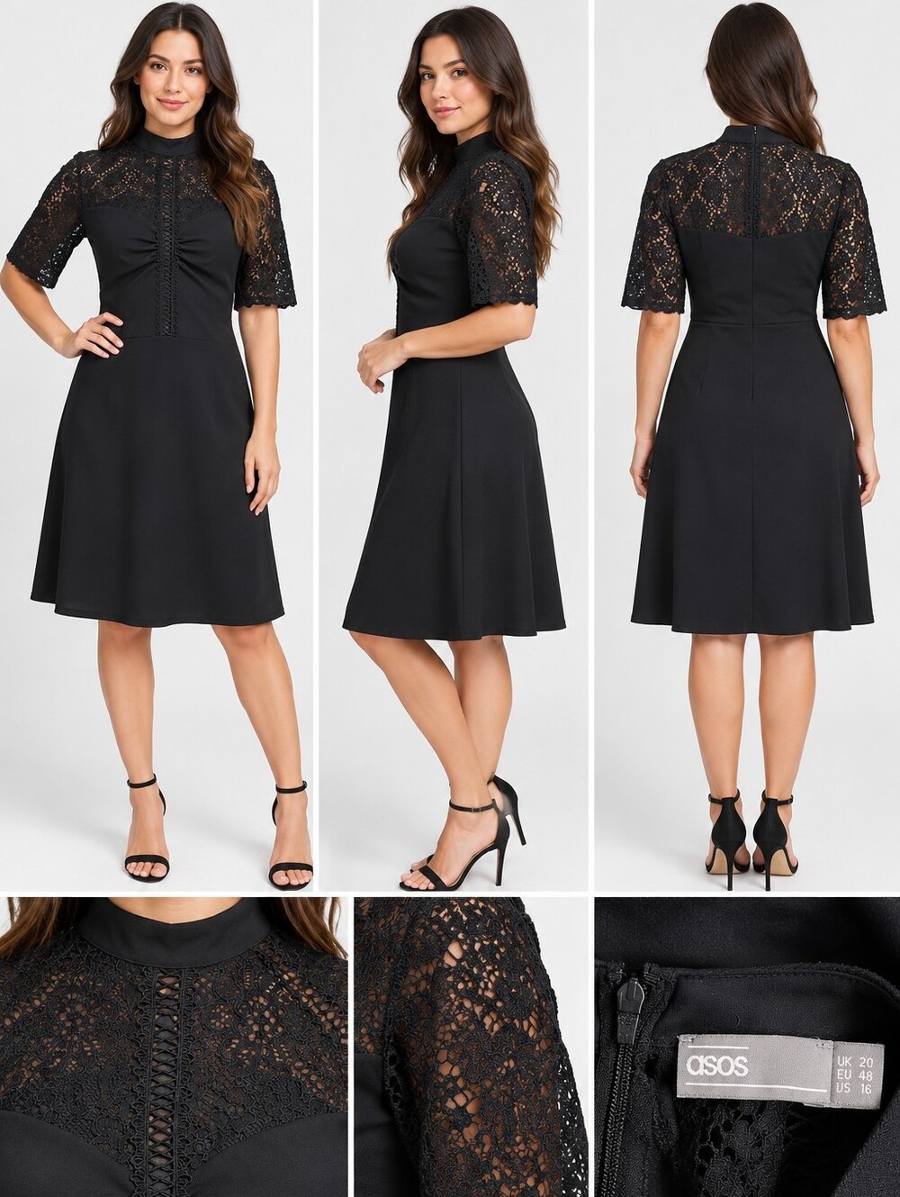 ASOS Black Lace-Panel High Neck Mini Dress NWOT Size 16